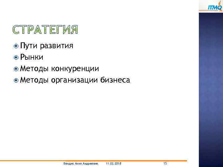  Пути развития Рынки Методы конкуренции Методы организации бизнеса Вендик Анна Андреевна 11. 02.