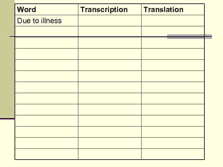 Word Due to illness Transcription Translation 