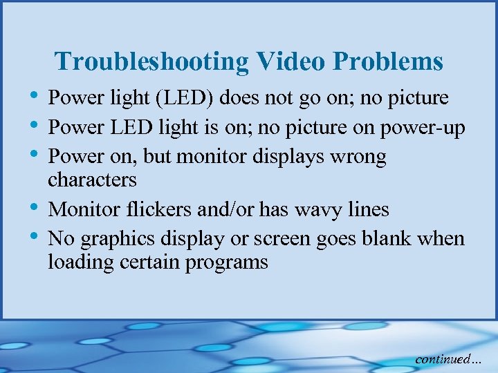 Troubleshooting Video Problems • Power light (LED) does not go on; no picture •