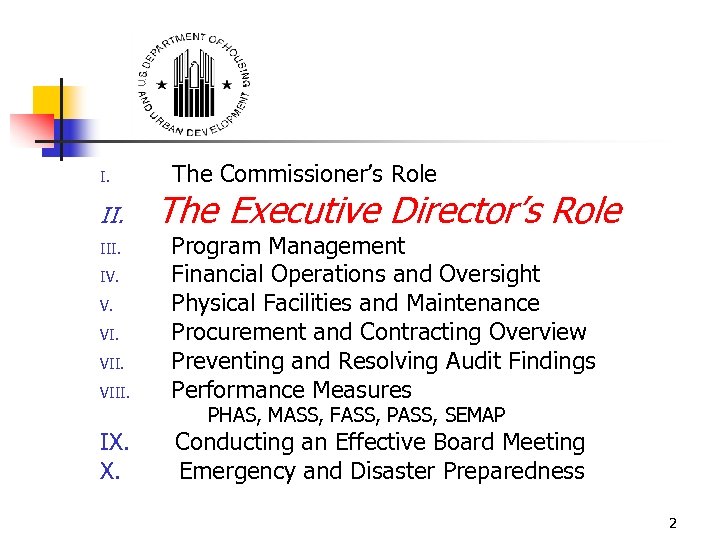 I. II. IV. V. VIII. The Commissioner’s Role The Executive Director’s Role Program Management