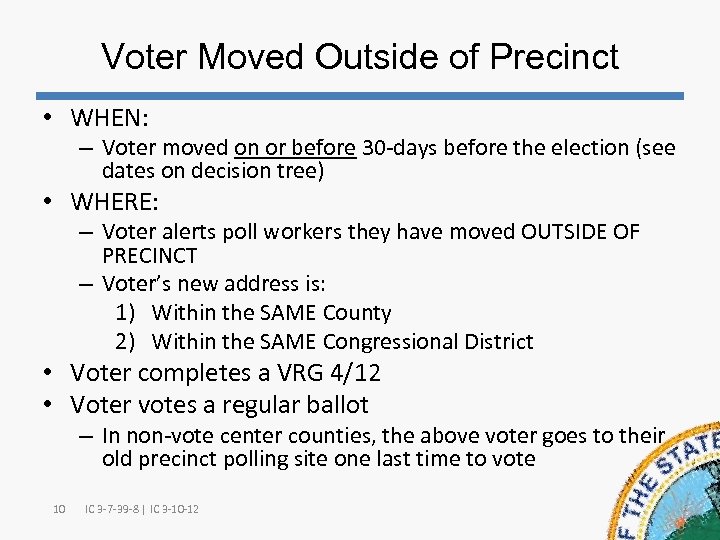 Voter Moved Outside of Precinct • WHEN: – Voter moved on or before 30