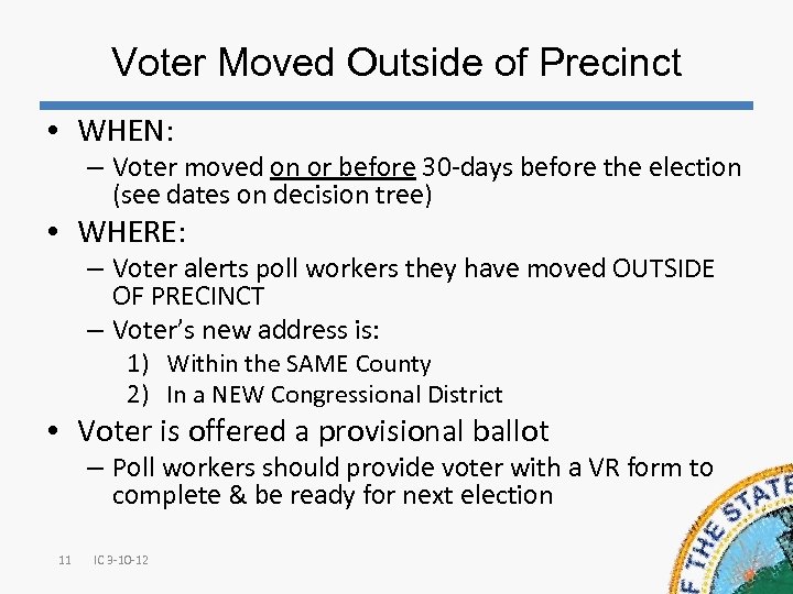 Voter Moved Outside of Precinct • WHEN: – Voter moved on or before 30