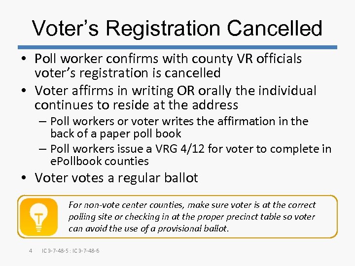 Voter’s Registration Cancelled • Poll worker confirms with county VR officials voter’s registration is
