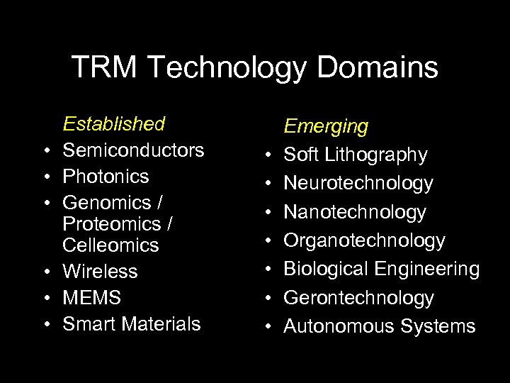 TRM Technology Domains • • • Established Semiconductors Photonics Genomics / Proteomics / Celleomics