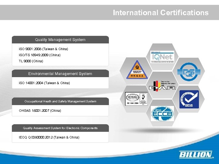 International Certifications Quality Management System ISO 9001: 2008 (Taiwan & China) ISO/TS 16949: 2009