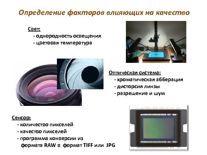Определение факторов влияющих на качество Свет: - однородность освещения - цветовая температура Оптическая система: