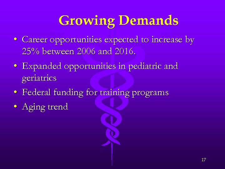 Growing Demands • Career opportunities expected to increase by 25% between 2006 and 2016.