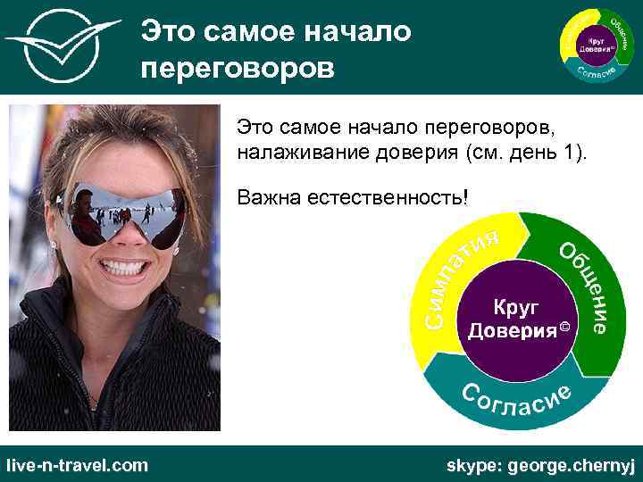 Это самое начало переговоров, налаживание доверия (см. день 1). Важна естественность! live-n-travel. com skype: