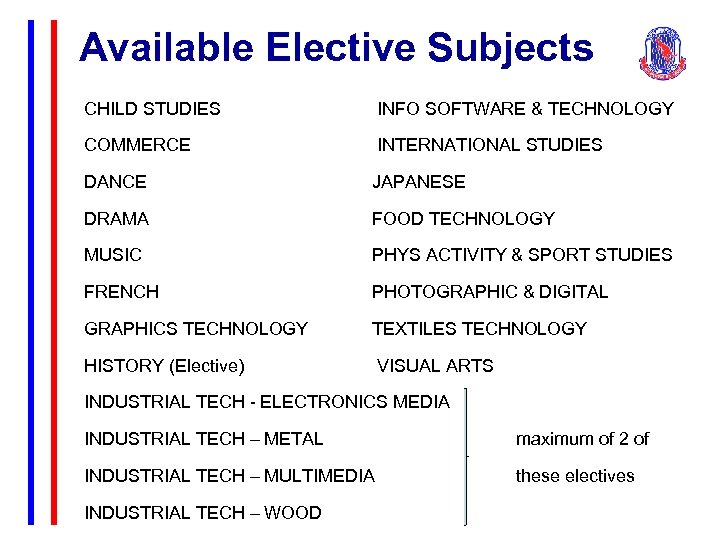 Available Elective Subjects CHILD STUDIES INFO SOFTWARE & TECHNOLOGY COMMERCE INTERNATIONAL STUDIES DANCE JAPANESE