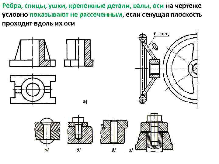 Ребра, спицы, ушки, крепежные детали, валы, оси на чертеже условно показывают не рассеченным, если