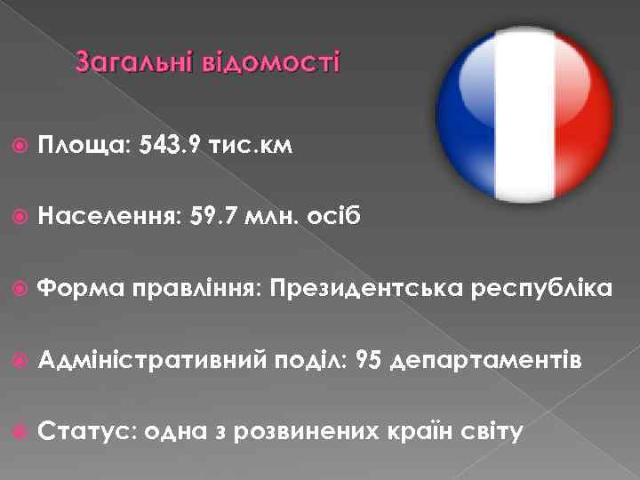 Загальні відомості Площа: 543. 9 тис. км Населення: 59. 7 млн. осіб Форма правління: