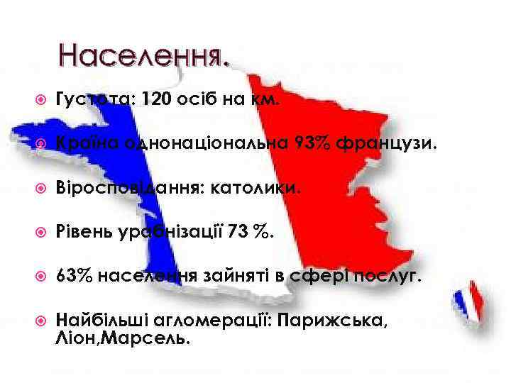 Населення. Густота: 120 осіб на км. Країна однонаціональна 93% французи. Віросповідання: католики. Рівень урабнізації