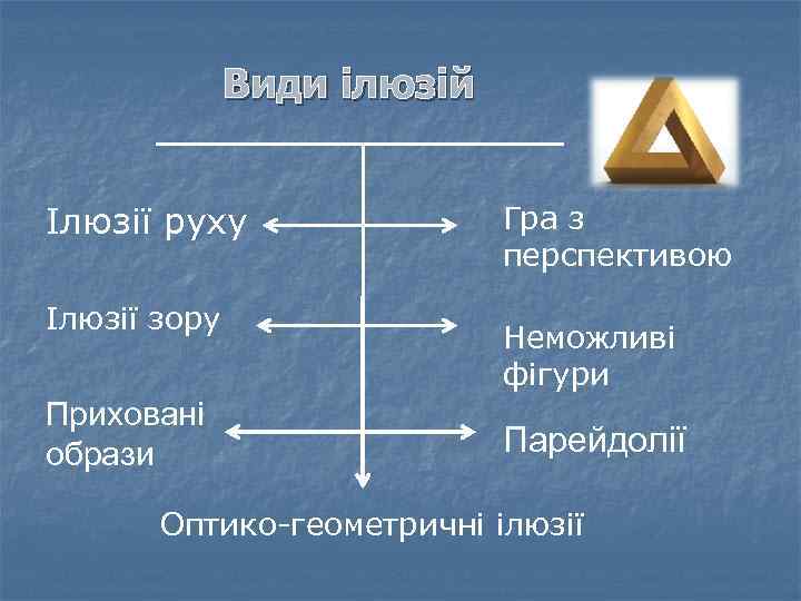 Види ілюзій Ілюзії руху Ілюзії зору Приховані образи Гра з перспективою Неможливі фігури Парейдолії