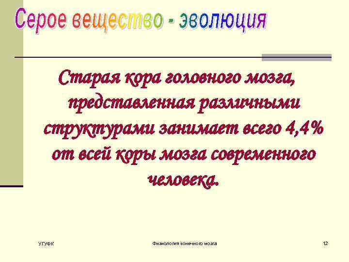 Старая кора головного мозга, представленная различными структурами занимает всего 4, 4% от всей коры