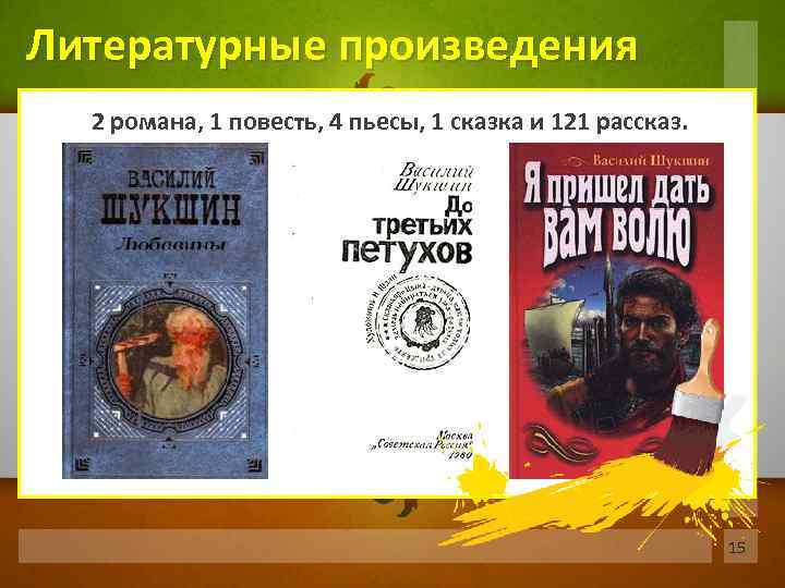 Литературные произведения 2 романа, 1 повесть, 4 пьесы, 1 сказка и 121 рассказ. 15