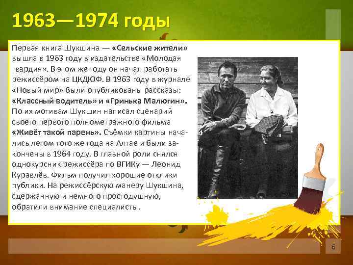 1963— 1974 годы Первая книга Шукшина — «Сельские жители» вышла в 1963 году в