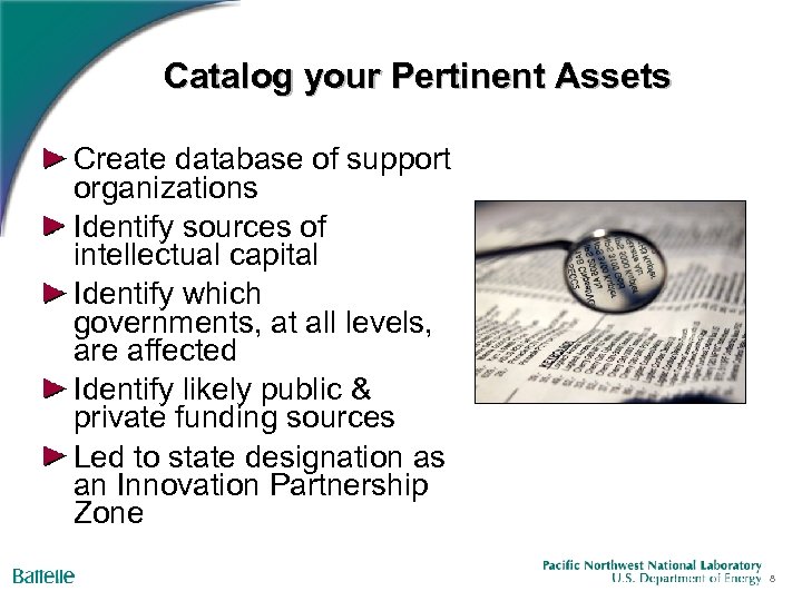 Catalog your Pertinent Assets Create database of support organizations Identify sources of intellectual capital