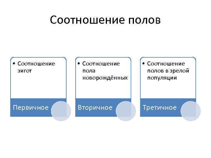 Соотношение полов • Соотношение зигот • Соотношение пола новорождённых • Соотношение полов в зрелой