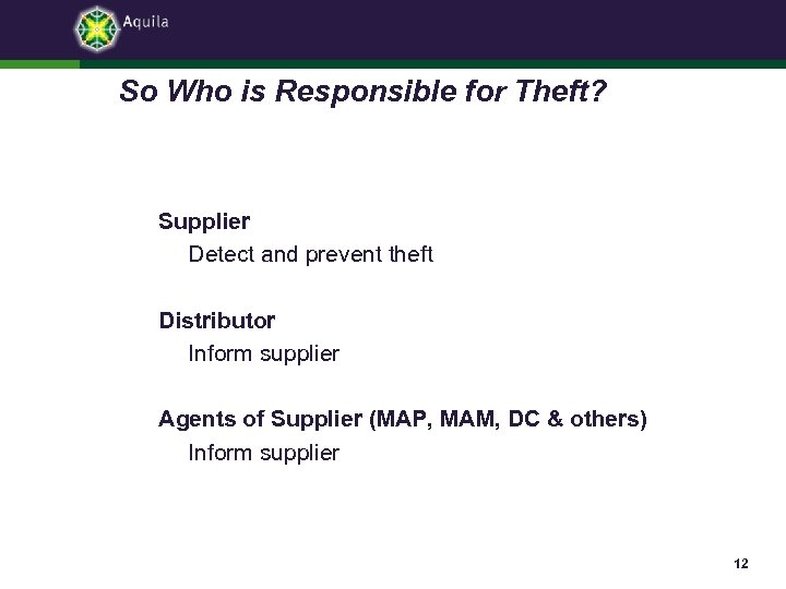 So Who is Responsible for Theft? Supplier Detect and prevent theft Distributor Inform supplier