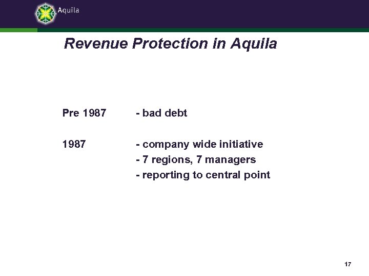 Revenue Protection in Aquila Pre 1987 - bad debt 1987 - company wide initiative