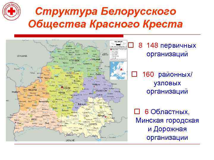 Структура Белорусского Общества Красного Креста o 8 148 первичных организаций o 160 районных/ узловых