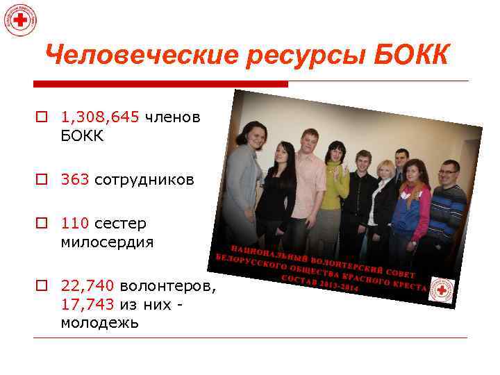 Человеческие ресурсы БОКК o 1, 308, 645 членов БОКК o 363 сотрудников o 110