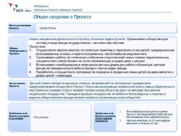 Меморандум Реализация Проекта «Название Проекта» Общие сведения о Проекте Место реализации Проекта города России