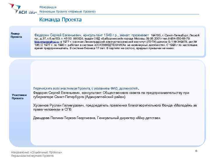 Меморандум Реализация Проекта «Название Проекта» Команда Проекта Лидер Проекта Участники Проекта Федорин Сергей Евгеньевич,