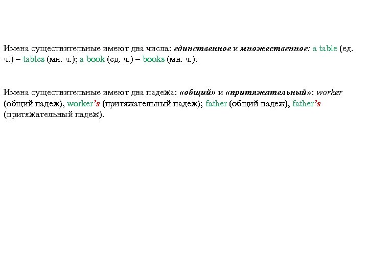 Имена существительные имеют два числа: единственное и множественное: a table (ед. ч. ) –