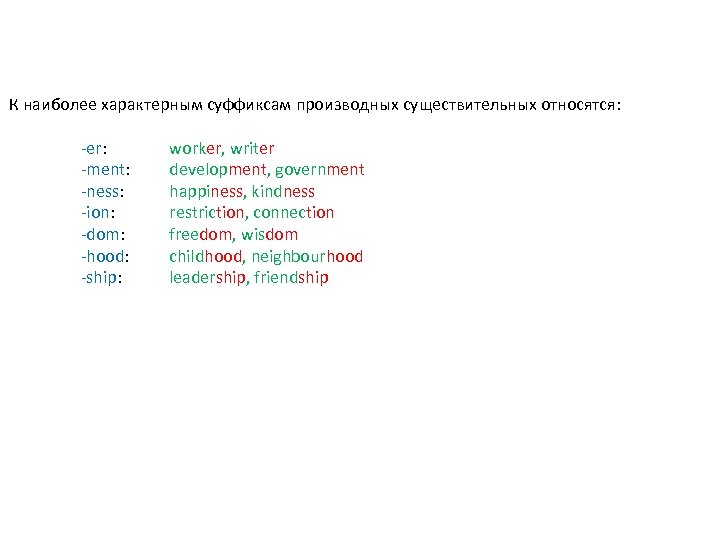 К наиболее характерным суффиксам производных существительных относятся: -er: -ment: -ness: -ion: -dom: -hood: -ship:
