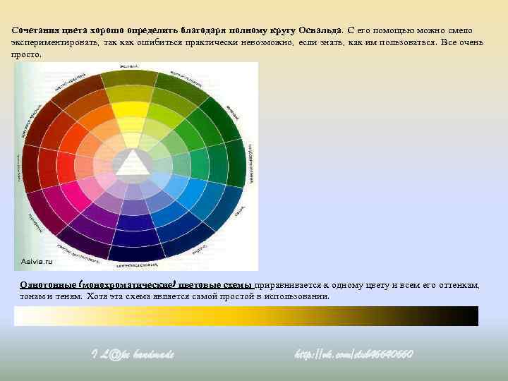 Сочетания цвета хорошо определить благодаря полному кругу Освальда. С его помощью можно смело экспериментировать,