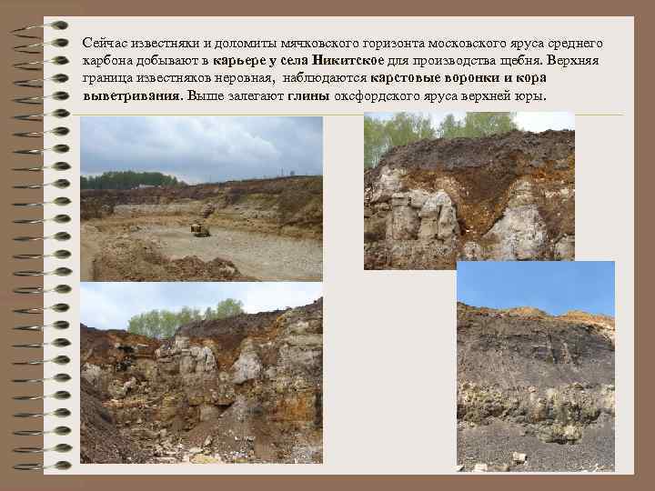 Сейчас известняки и доломиты мячковского горизонта московского яруса среднего карбона добывают в карьере у