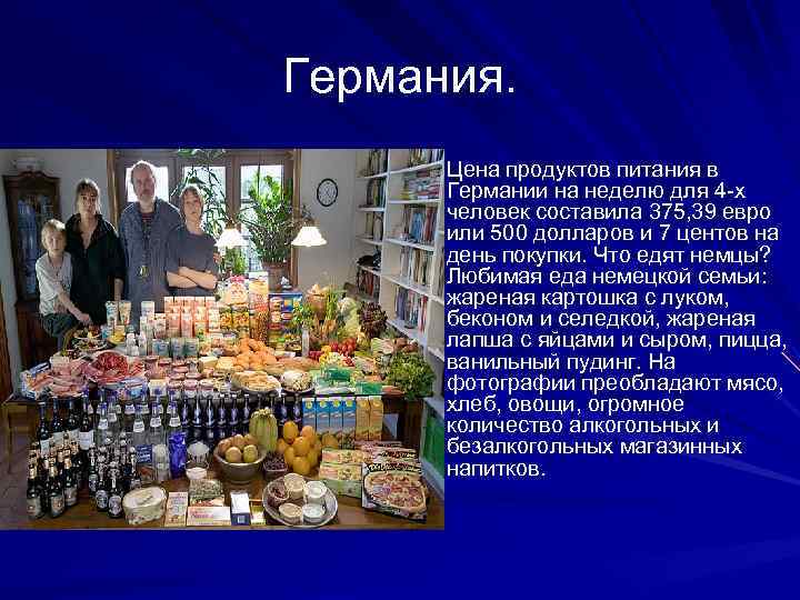 Германия. Цена продуктов питания в Германии на неделю для 4 -х человек составила 375,