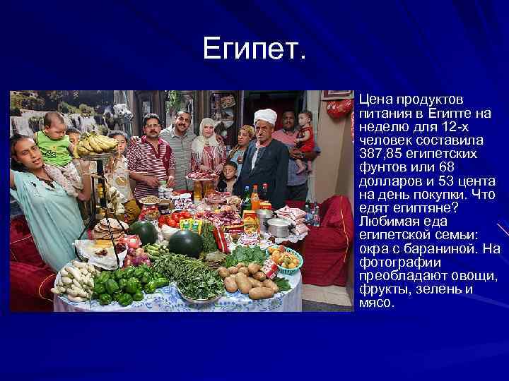 Египет. Цена продуктов питания в Египте на неделю для 12 -х человек составила 387,