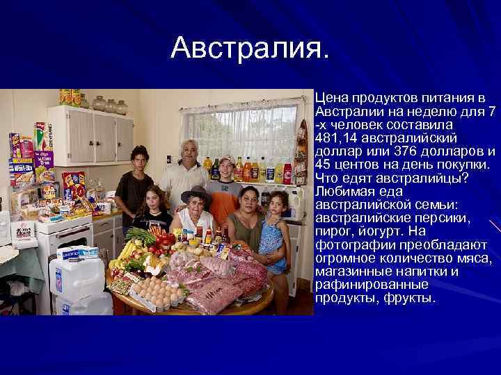 Австралия. Цена продуктов питания в Австралии на неделю для 7 -х человек составила 481,