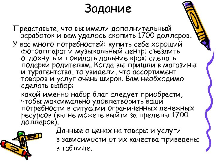 Задание Представьте, что вы имели дополнительный заработок и вам удалось скопить 1700 долларов. У
