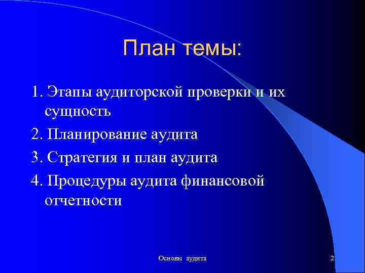 План темы: 1. Этапы аудиторской проверки и их сущность 2. Планирование аудита 3. Стратегия