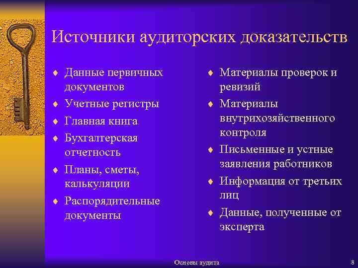 Источники аудиторских доказательств ¨ Данные первичных ¨ ¨ ¨ документов Учетные регистры Главная книга