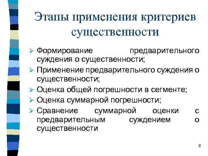Этапы применения критериев существенности Ø Ø Ø Формирование предварительного суждения о существенности; Применение предварительного