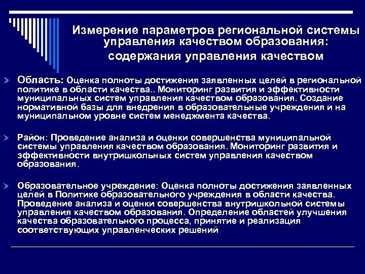 Измерение параметров региональной системы управления качеством образования: содержания управления качеством Область: Оценка полноты достижения