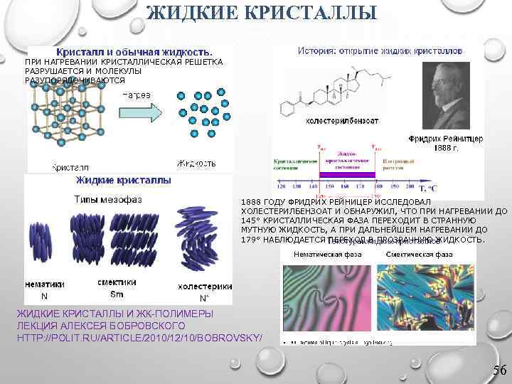 ЖИДКИЕ КРИСТАЛЛЫ ПРИ НАГРЕВАНИИ КРИСТАЛЛИЧЕСКАЯ РЕШЕТКА РАЗРУШАЕТСЯ И МОЛЕКУЛЫ РАЗУПОРЯДОЧИВАЮТСЯ 1888 ГОДУ ФРИДРИХ РЕЙНИЦЕР