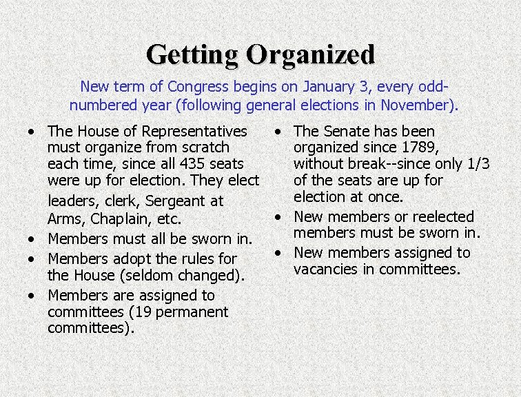 Getting Organized New term of Congress begins on January 3, every oddnumbered year (following