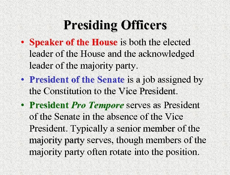 Presiding Officers • Speaker of the House is both the elected leader of the