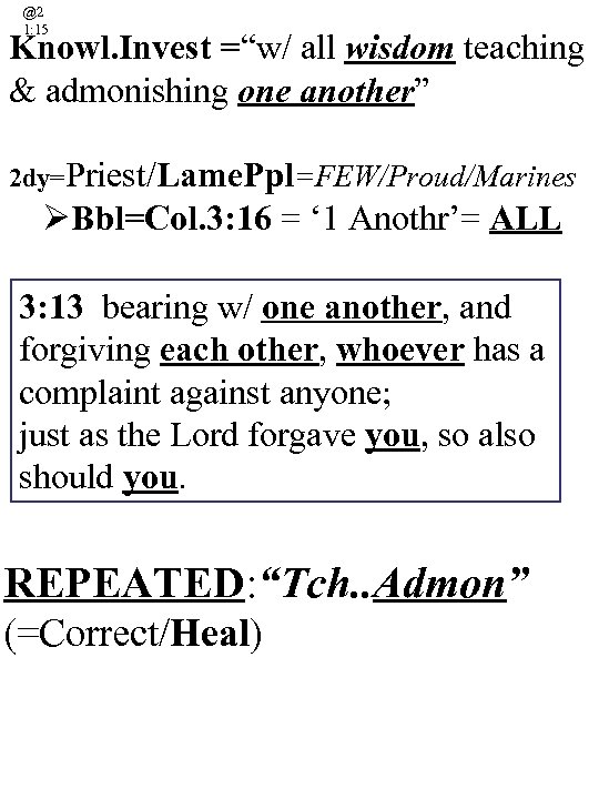 @2 1: 15 Knowl. Invest =“w/ all wisdom teaching & admonishing one another” 2