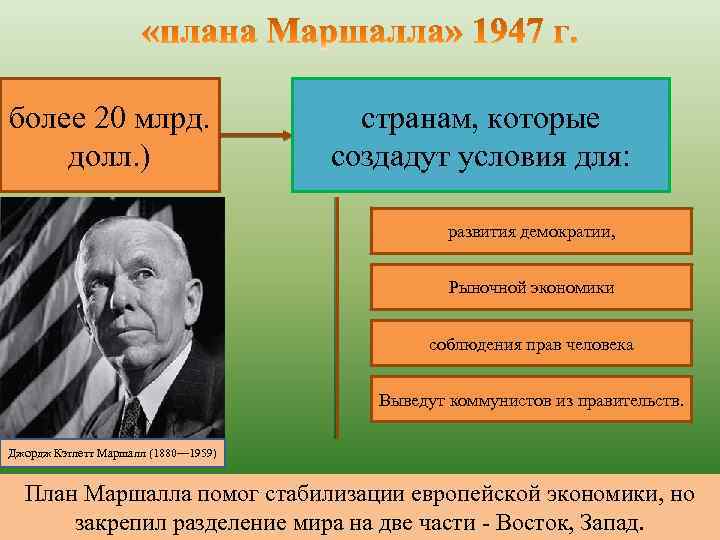 более 20 млрд. долл. ) странам, которые создадут условия для: развития демократии, Рыночной экономики