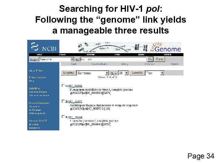 Searching for HIV-1 pol: Following the “genome” link yields a manageable three results Page
