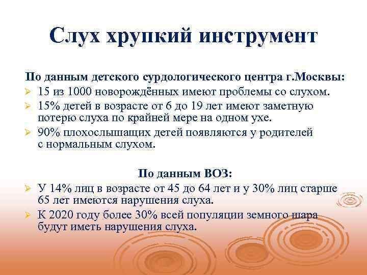 Слух хрупкий инструмент По данным детского сурдологического центра г. Москвы: Ø 15 из 1000