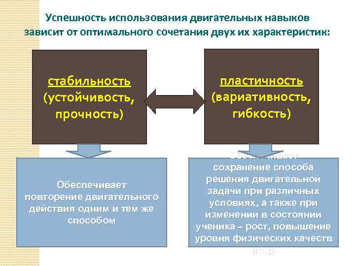 Успешность использования двигательных навыков зависит от оптимального сочетания двух их характеристик: стабильность (устойчивость, прочность)