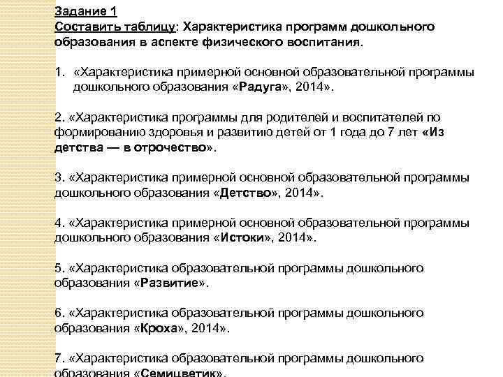 Задание 1 Составить таблицу: Характеристика программ дошкольного образования в аспекте физического воспитания. 1. «Характеристика