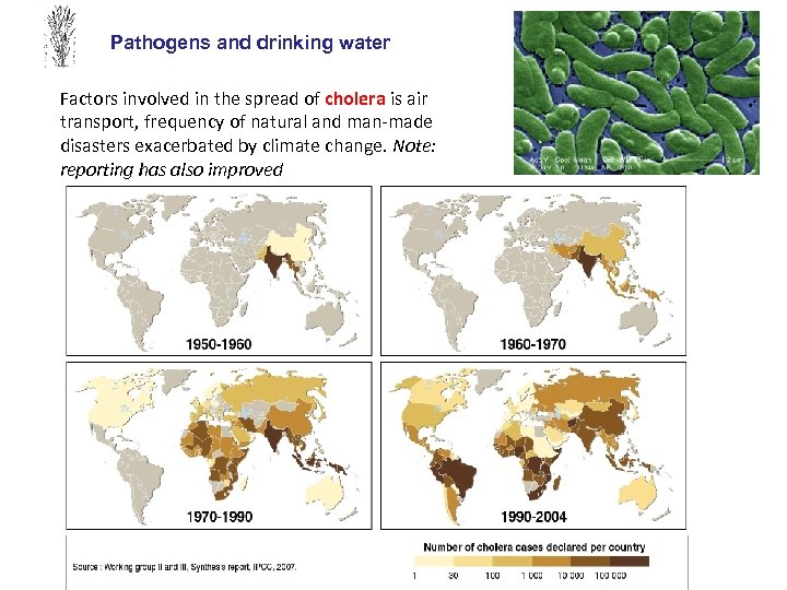 Pathogens and drinking water Factors involved in the spread of cholera is air transport,